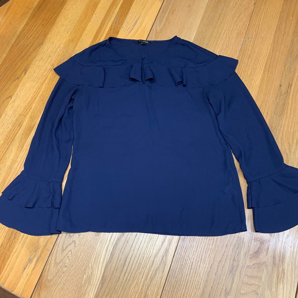 Banana Republic Navy Blue Ruffle Yoke Tiered Bell Sleeve Blouse Womens Small